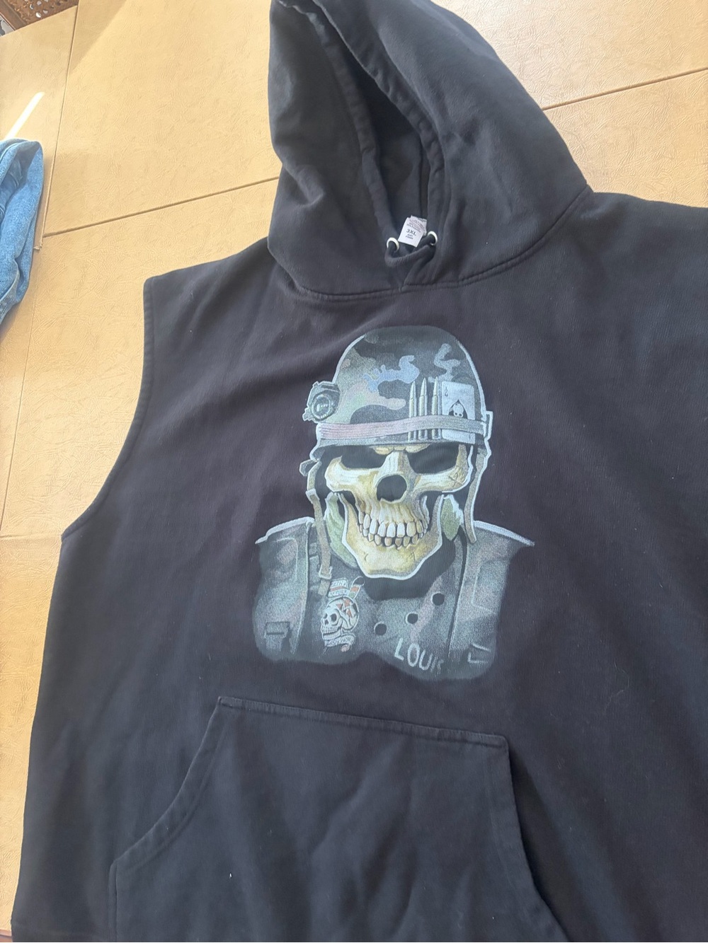Interstate apparel Black Sleeveless Crewneck Hoodie with Skull Soldier Graphic